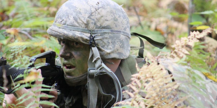 Cadet pulling security during a combat patrol lab